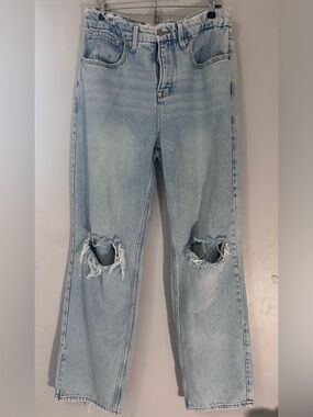 Good American High Rise-Straight Leg Distressed Light Blue Jeans